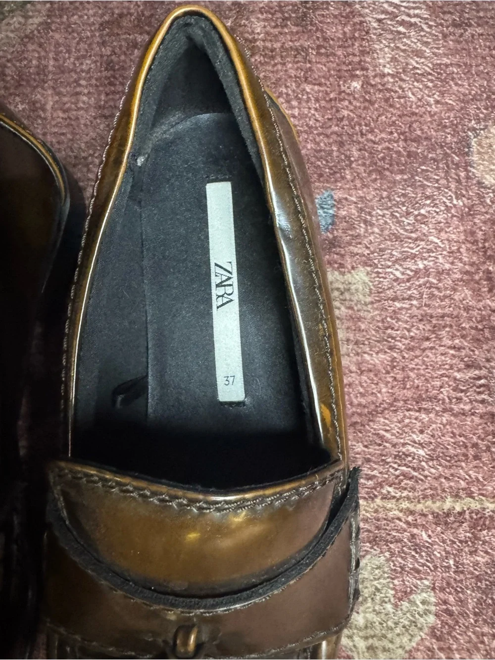 ZARA Brown Leather Tassel Loafers with Stud Detail